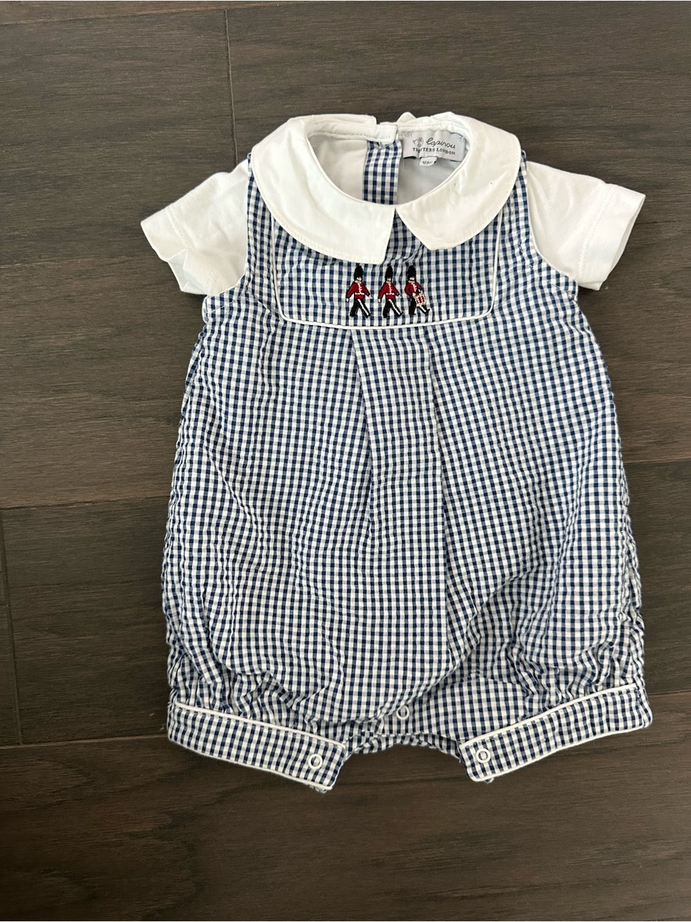 Trotters Blue Gingham Romper with White Peter Pan Collar size 0-3 months